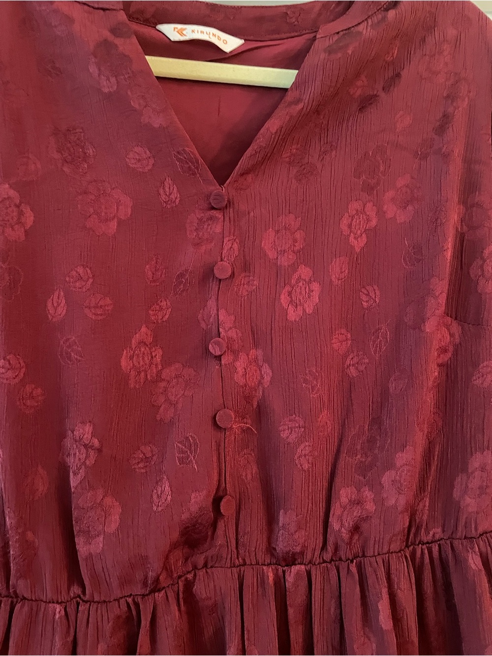 Long-Sleeve Burgundy Tiered Midi Dress w/ pockets - Picture 3 of 6